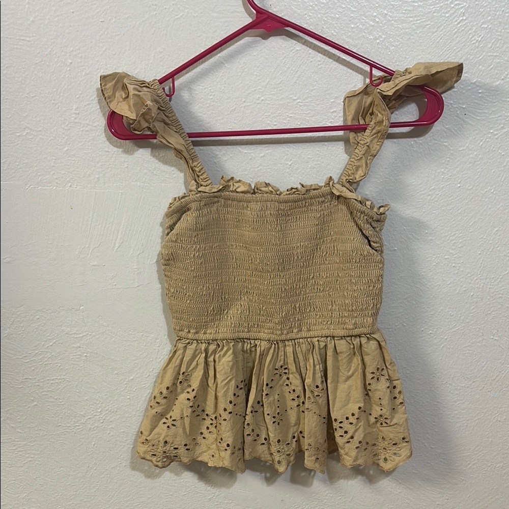 Japna Charming Tan Eyelet Ruffle Top SZ S